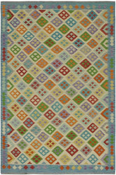 Flat Weave Kilim Antique Navaho Vintage handmade Modern Kilim Beige Blue Hand-Woven Rectangle 100% Wool Area Rug 6x8